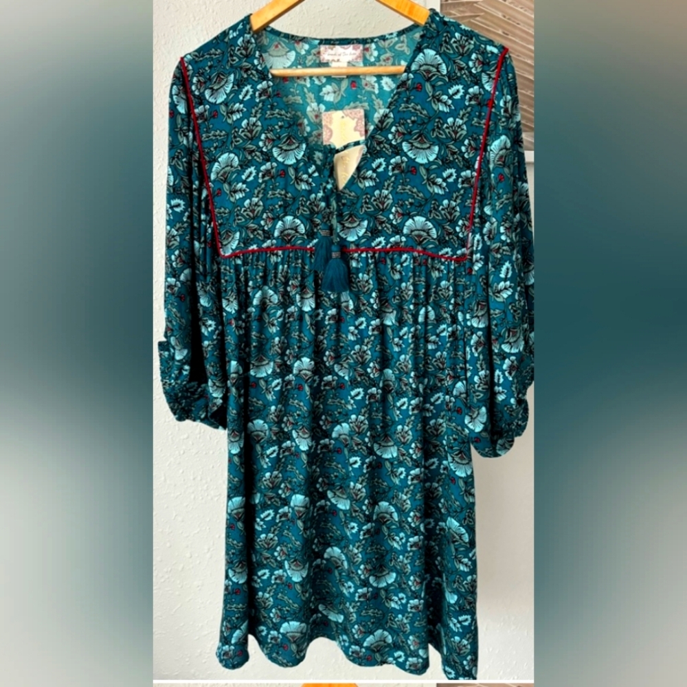 Band of the free MALLORY TEAL FLORAL BABYDOLL MINI DRESS NWT Large